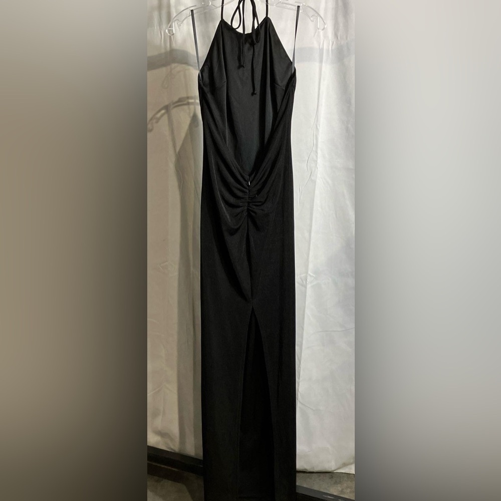 Black Halter Neck Ruched Side Slit Maxi Dress Gown Evening Party Formal sz M - Picture 7 of 10